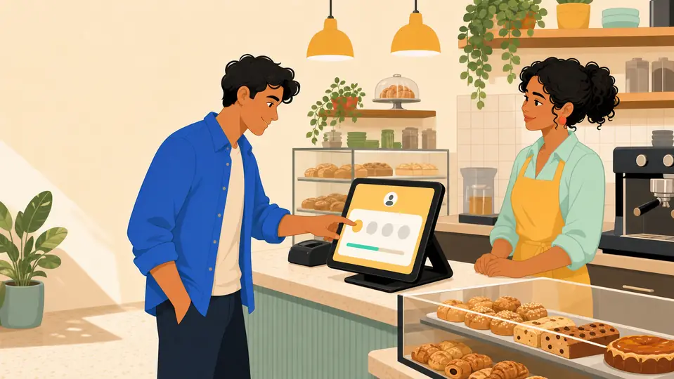 Cliente se cadastrando no tablet Premia no balcão de uma cafeteria.